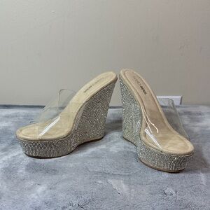 NEW Fashion Nova “Always Ready” Rhinestone Wedges - Size 6.5 - Nude - NWOB